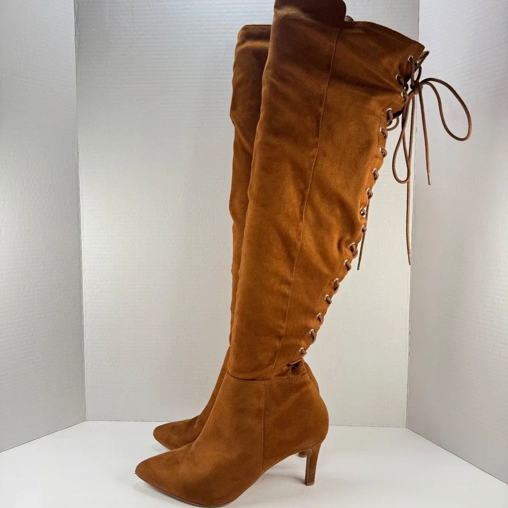 Torrid Women 9WW Cognac Brown Faux Suede Over The Knee Lace Up Wide Calf Boots